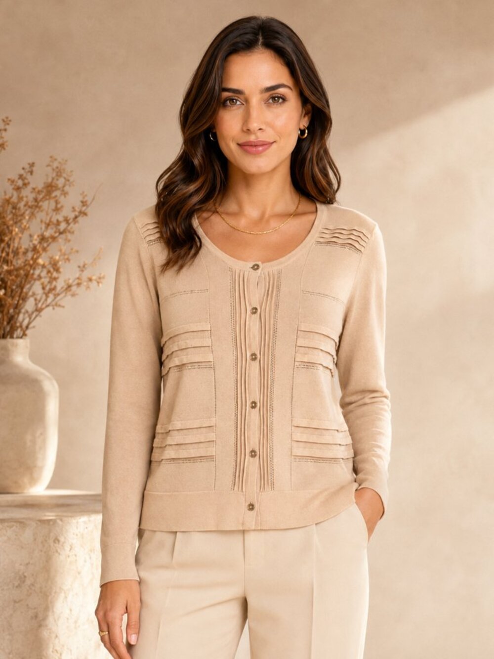 Burberry London Beige Cotton Cardigan S Pleated Knit Quiet Luxury Fall